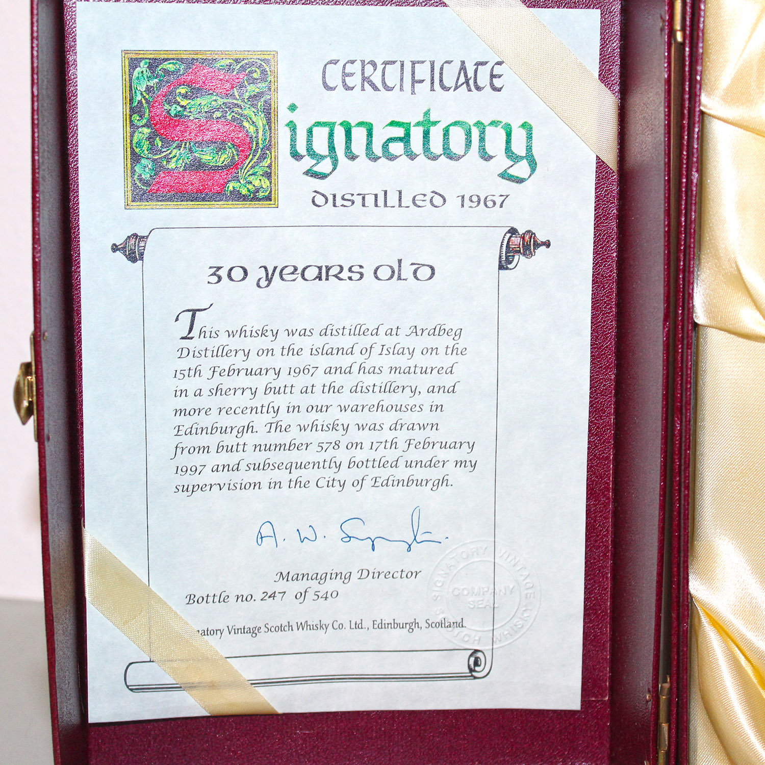 Ardbeg 1967 30 Years Old Signatory Vintage certificate