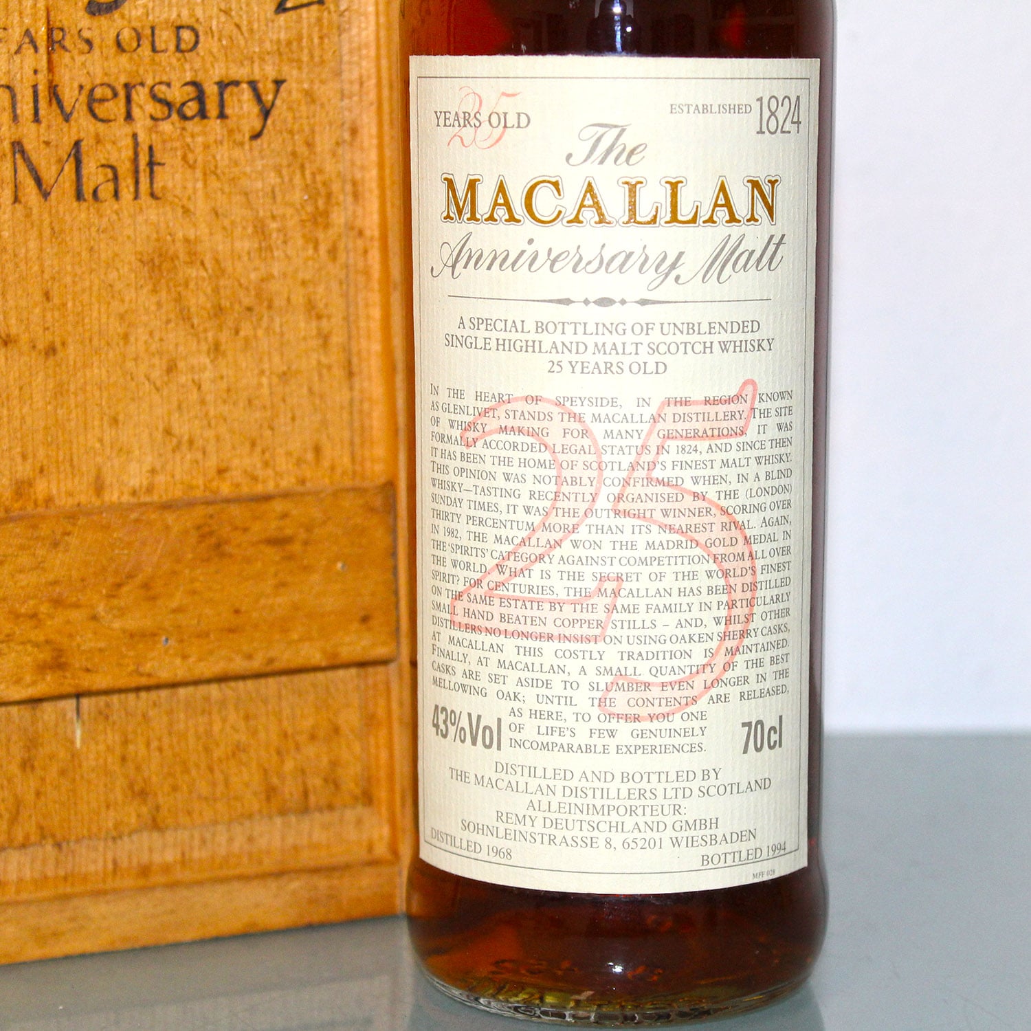 Macallan 1968 25 Years Anniversary Malt label