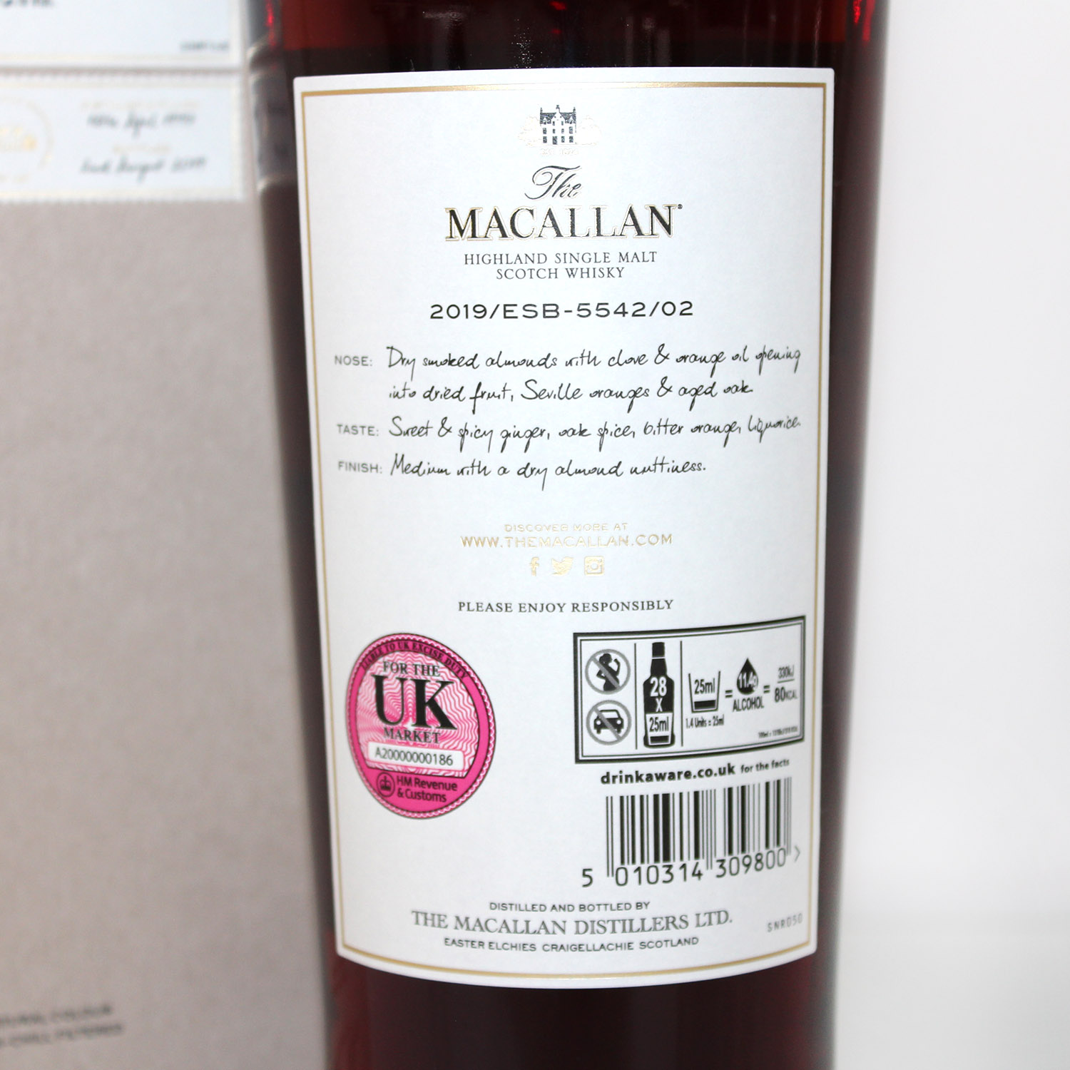 Macallan Exceptional Single Cask 2019 back label