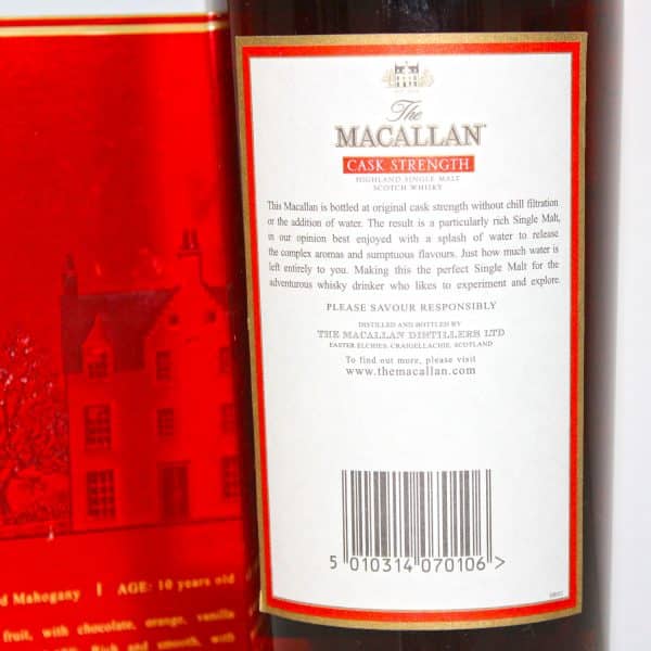 Macallan Cask Strength 10 Year Old 1 Litre Back Label