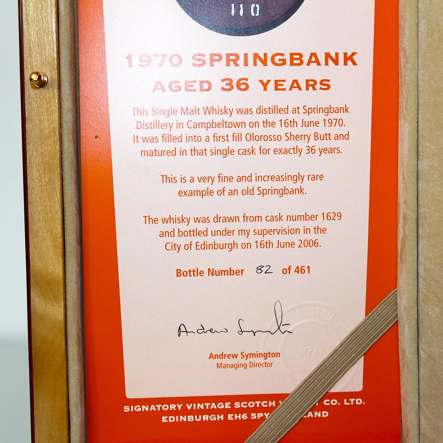 Springbank 1970 36 Years Signatory Vintage Cask Strength Box Inside 2