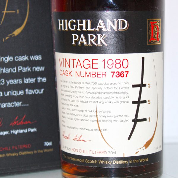 Highland Park Vintage 1980 Cask 7367 label