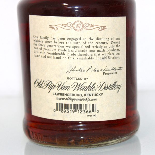 Old Rip Van Winkle 10 Year Old Handmade Bourbon 90 proof back label