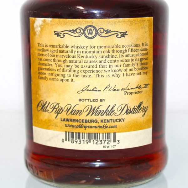 Old Rip Van Winkle 15 Year Old Handmade Bourbon 107 proof label