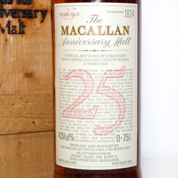 Macallan 1962 25 Year old Anniversary Malt label