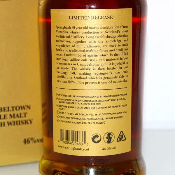 Springbank 30 Years back label