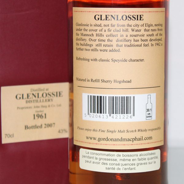 Glenlossie 1961 Rare Old Gordon & MacPhail back label